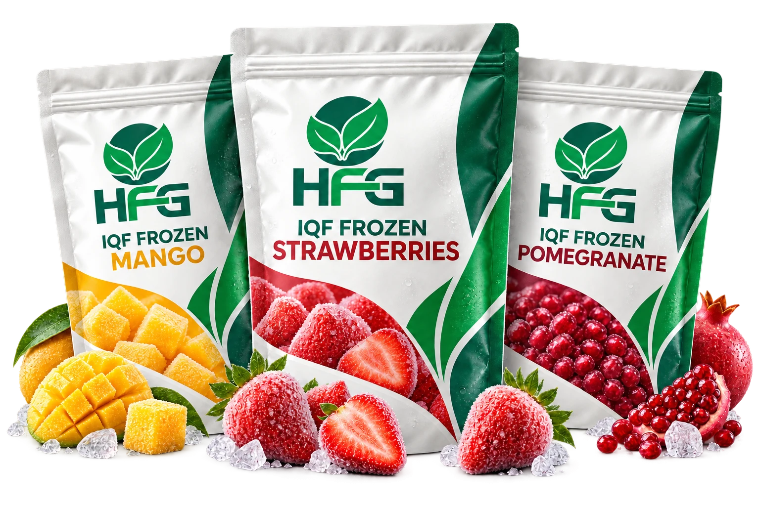 HFG frozen strawberry, mango and pomegranate pouches